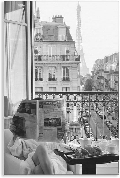 Black and White Photography Canvas Wall Art, Woman Reading Newspaper In Paris Hotel Aesthetic Poster, Retro Paris Tower Museum Photo Print, Luxury Fashion Breakfast Wall Decor 12x16in Unframed