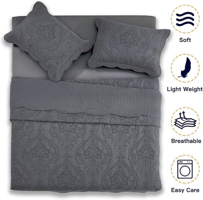 CHIXIN Bedspread Coverlet Quilt Set Full Size - Lightweight Bedding Cover - Beautiful Stitching - 5 Piece Reversible Bedspread - Gorgeous Damask Paisley Pattern (Full, Dark Grey)