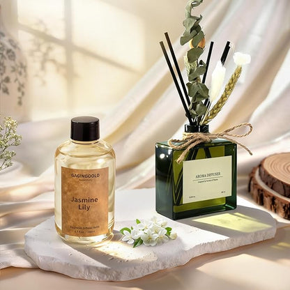 Jasmine Lily Scented Reed Diffuser Oil Refill with 10 Sticks, 120 Days Long Lasting for Home, Elegant Fragrance for Bathroom Bedroom Office Decor Air Fresh, 6.7 fl oz / 200 ml