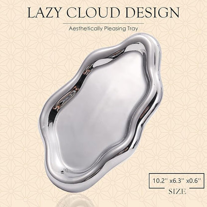 Ceramic Jewelry Tray Trinket Dish, Decorative Cloud Vanity Key Tray for Women, Ring Holder Dish, Cute Jewelry Plate Bowl Room Decor Aesthetic, Silver, Large