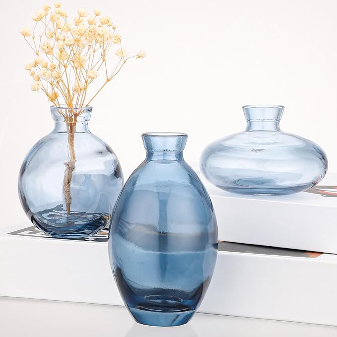 Suream Blue Small Vase, 3 Packs Decorative Bud Vases in Bulk for Centerpieces, Mini Vases for Rustic Wedding Floral Arrangements Home Decorations