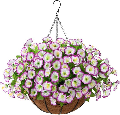 Homsunny Artificial Hanging Flowers in Basket,12 inch Silk Flower Coconut Lining Hanging Baskets,Fake Hanging Plants in for Outdoors Indoors Courtyard Decor(Light Purple)