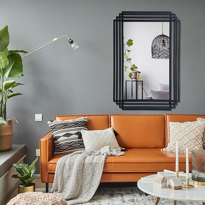 Rectangle Vanity Mirror, 24"x36" Geometric Wall Mirror with Black Metal Frame, Modern Elegant Art Mirrors for Living Room Bathroom Bedroom Entryway Hallway, Hangs Vertically or Horizontally