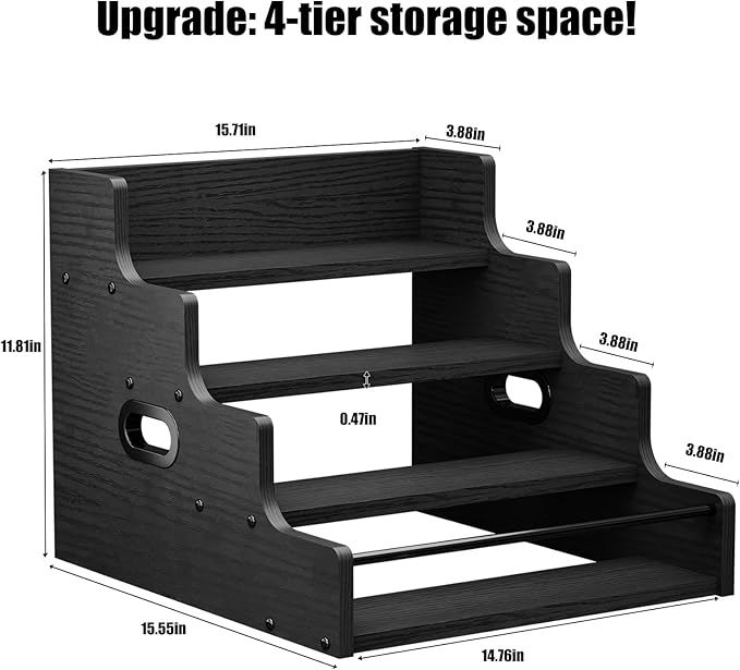 KLM Liquor Bottle Display Shelf, Coffee Syrup Rack Organizer, 4 Step Countertop Liquor Wine Rack, mini bar,liquor cabinet, Home Retro Bar Shelf Stand for Liquor Whiskey, (Black)