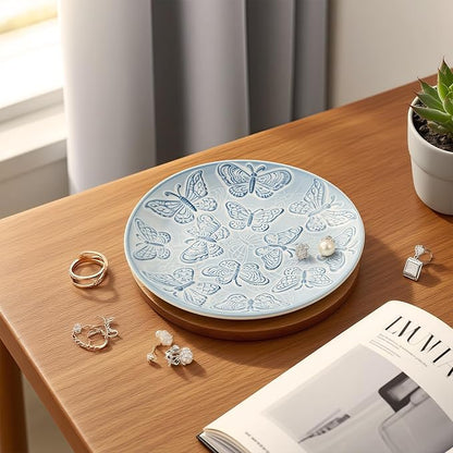 Ceramic Jewelry Dish, Decorative Tray for Rings Earrings Necklaces Bracelet Watch Keys, 4.50" Trinket Tray as Gifts for Women (Antique Butterflies)