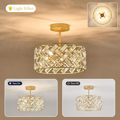 Gold Crystal Chandelier 4-Light, 12" Modern Drum Pendant Light, Small Semi Flush Mount Ceiling Light Fixture for Foyer, Entryway, Kitchen Island, Dining Room, Bedroom, Hallway