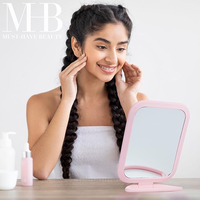 EXPRESSIONS Premium Soft Touch Rectangle Pink Vanity Mirror with 1x 2X Magnification, Rotating Handheld Tabletop Makeup Small Desk Travel