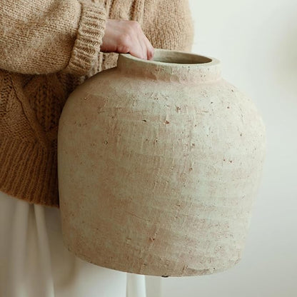 Large Ceramic Vase, 11" Rustic Farmhouse Terracotta Vase for Home Decor, Handicraft Decorative Flower Vase for Living Room, Table Centerpiece, Bedroom (Rustic Beige)