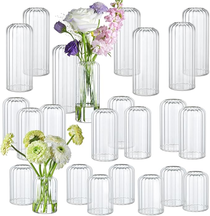 24Pcs Glass Cylinder Vases, Clear Ribbed Bud Vases for Centerpieces Weeding Decoration, Tall Clear Flower Vases in Bulk for Table Shelf, Party(Ribbed)