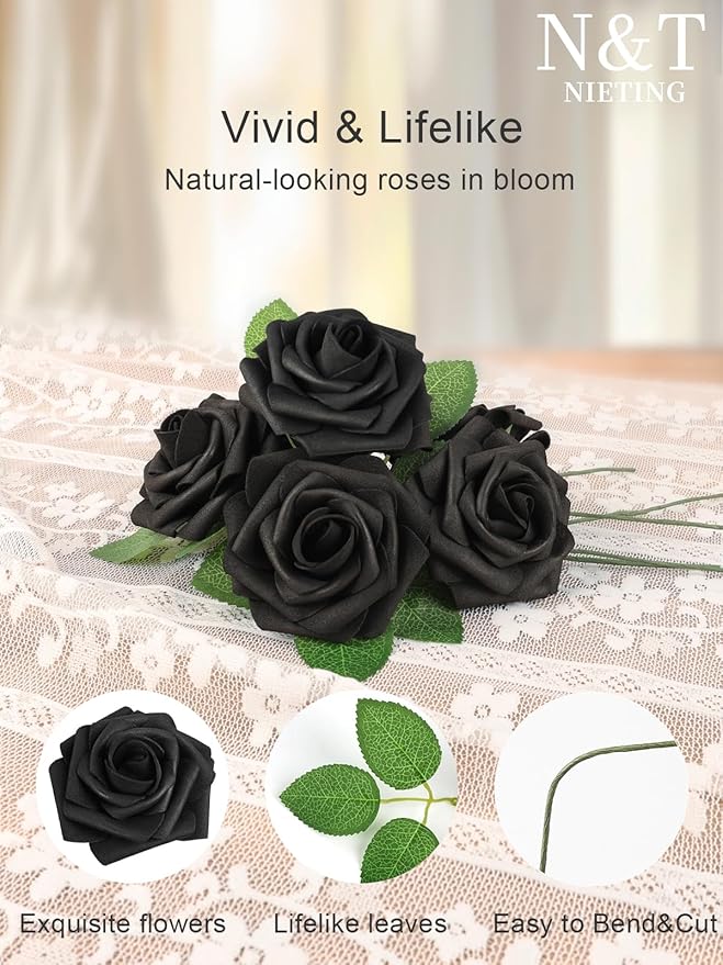 N&T NIETING Artificial Flowers Black Rose 25pcs Real Touch Flowers Perfect for for DIY Bouquets Wedding Party Baby Shower Home Halloween Decoration