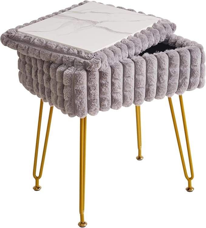 IBUYKE Rectangle Vanity Chair with Storage Space, Footrest Footstool Ottoman, Vanity Stool, Dressing Table Chair, with Anti-Slip Feet, for Makeup Room, Bedroom, Square Grid Pattern, Grey WBD004G