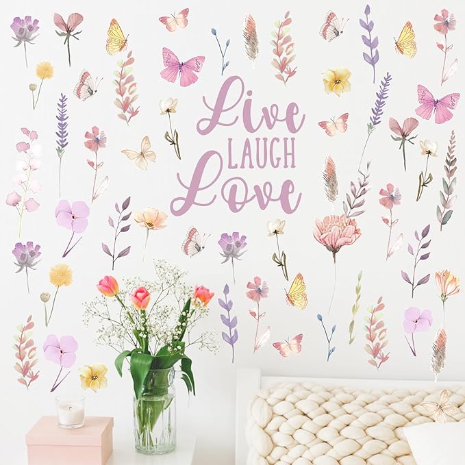 Mfault Watercolor Floral Wall Decals Stickers, Live Laugh Love Flower Butterfly Botanical Decorations Bedroom Art, Spring Summer Wildflower Natural Home Living Room Kitchen Decor