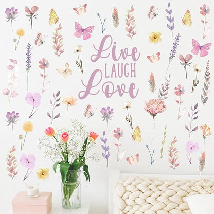 Mfault Watercolor Floral Wall Decals Stickers, Live Laugh Love Flower Butterfly Botanical Decorations Bedroom Art, Spring Summer Wildflower Natural Home Living Room Kitchen Decor