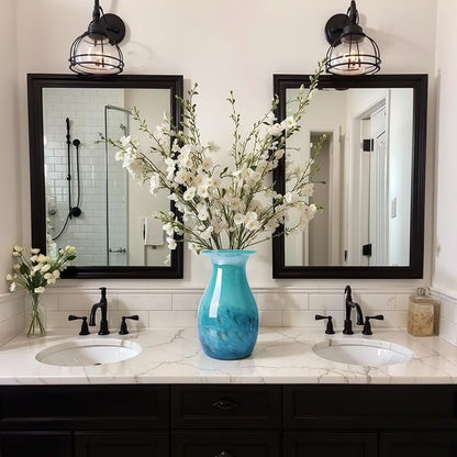 Teal Glass Vase – 11.4in Hand Blown Wide Mouth Art Glass Vase – Turquoise Decorative Vase for Flowers, Centerpieces, Bookshelf, Bathroom, Dining Table or Living Room Display