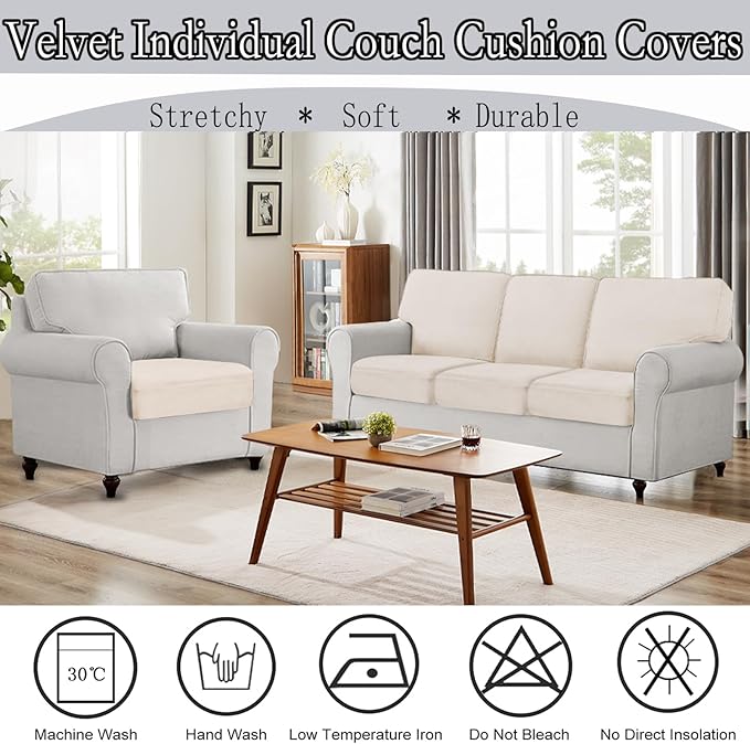 NAISI Couch Cushion Covers 1 Piece Velvet Stretch Sofa Seat Covers or Backrest Covers Soft Individual Couch Covers for Sectional Sofa(1 PC for Seat Cushion or Backrest,Beige)