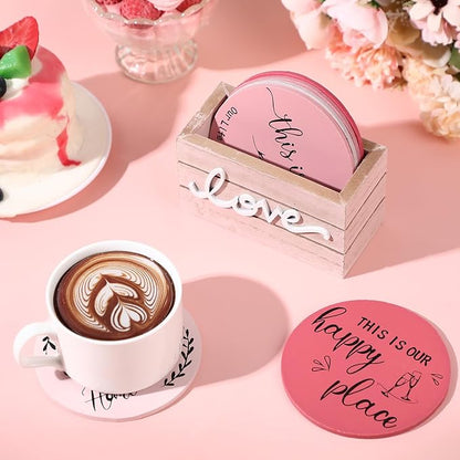 Queekay Coasters Set of 6 House Warming Gifts New Home Wooden Farmhouse Drink Coasters with Holder 4'' Funny Decoration for Kitchen Family Coffee Bar Tabletop Protection(Pink)