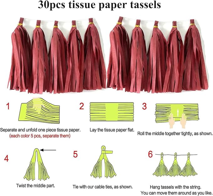 30pcs Burgundy Tissue Paper Tassels DIY Hanging Decorations - Baby Shower, Wedding, Festival Decor