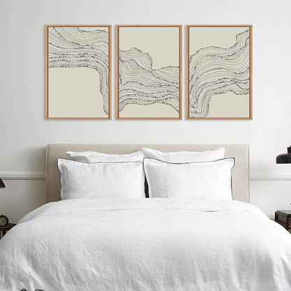 HLNIUC Neutral Abstract Framed Canvas Wall Art Set, Black Beige Wave Line Wall Decor, Large Minimalist Painting, Modern Geometric Art Print for Living Room, Bedroom, Dinning Room, Office - 16"x24"x3