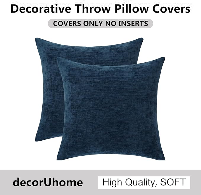 decorUhome Chenille Navy Blue Spring Throw Pillow Covers 20x20 Inch Set of 2, Decorative Soft Couch Pillow Covers Solid Dyed Accent Farmhouse Neutral Square Pillow Cases for Sofa