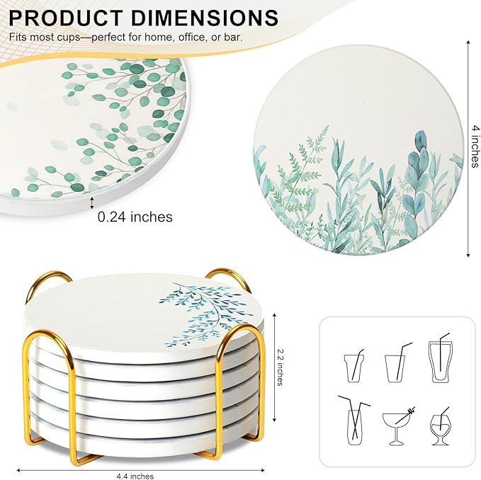 Ceramic Coasters Set of 6 with Holder, Botanical Style, Absorbent Drink Coaster Set for Home Decor, Cups, Mugs and Glasses