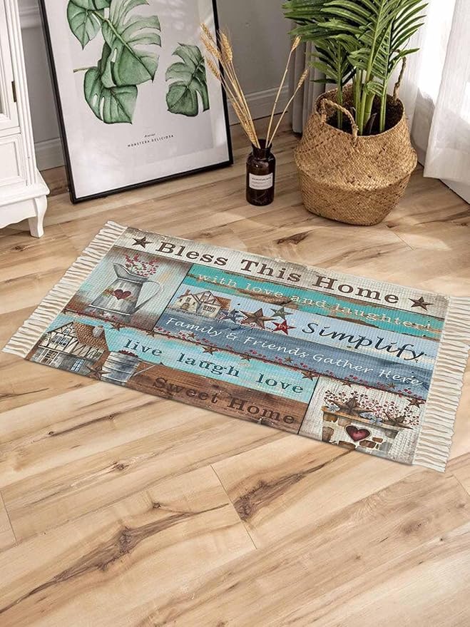Turquoise Blue Brown Entryway Rug 2X3 Ft Bathroom Mat, Washable Woven Vintage Barn Rustic Cabin Throw Carpet with Tassel, Non-Shedding Country Star Farm Wooden Plank Indoor Outdoor Kitchen Doormats
