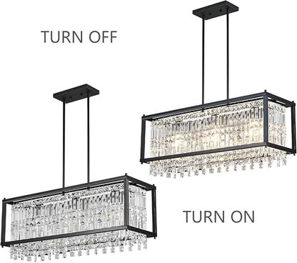 LMQNINE Modern Rectangle Chandelier for Dining Room, Black Crystal Chandelier Linear Light Fixture, Farmhouse Chandeliers for Kitchen Island, Bar Table, L30.7'' x W9.84'' x H8.66''