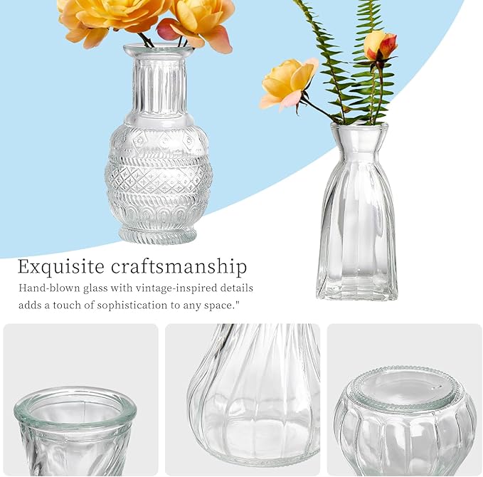 Glass Bud Vases Set of 16 - Assorted Small Mini Glass Vases for Flowers, Crystal Vintage Vase Set, Bulk Centerpieces for Table Décor, Wedding, Home and Events (Clear, 16 Pcs)
