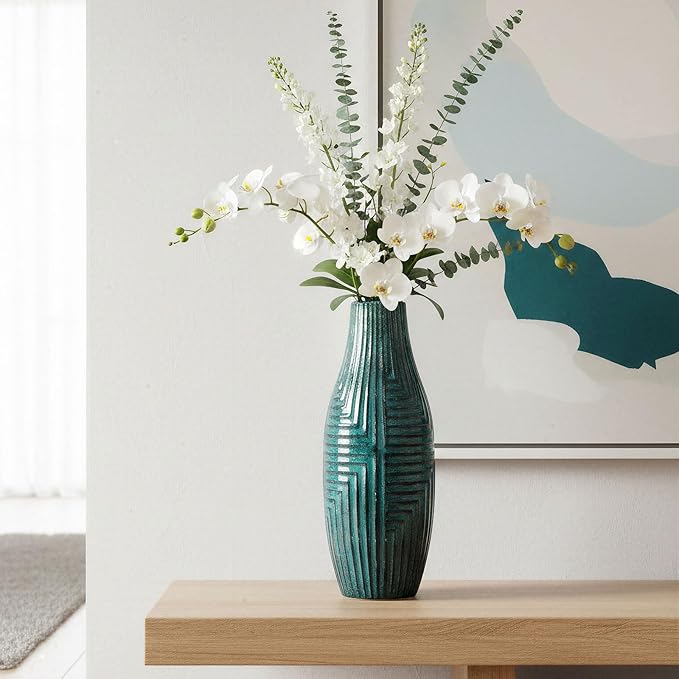 hjn Teal Hand-Glazed Ceramic Vase - 13.8" H Modern Decorative Centerpiece Vase for Fresh/Dried Flowers, Home Decor for Living Room Bookshelf Mantel | Wedding Housewarming Gift