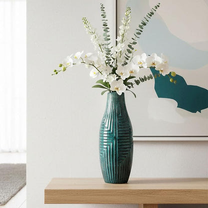 hjn Teal Hand-Glazed Ceramic Vase - 13.8" H Modern Decorative Centerpiece Vase for Fresh/Dried Flowers, Home Decor for Living Room Bookshelf Mantel | Wedding Housewarming Gift