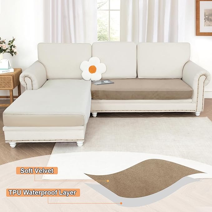 NAISI Waterproof Couch Cushion Covers Thick Velvet Fabric Washable Sofa Slipcovers 1 Piece Individual Sectional Couch Covers with Elastic Bottom(1 PC for 2-Seat Cushion or Loveseat,Sand)