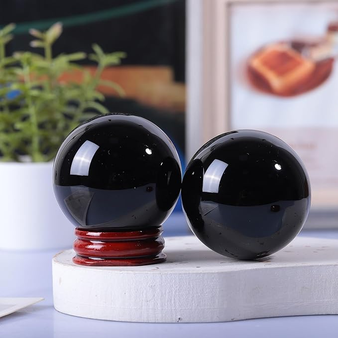 80mm Natural Black Obsidian Stone Sphere with Wooden Stand, Polished Crystal Ball Decoration for Home & Office