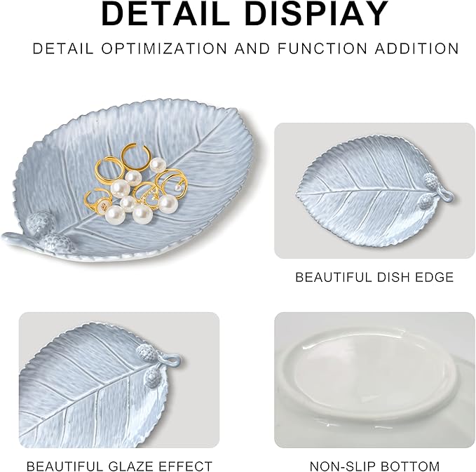 Ceramic Jewelry Dish, Decorative Tray for Rings Earrings Necklaces Bracelet Watch Keys, 4.50" Trinket Tray as Gifts for Women (Antique Leaf)