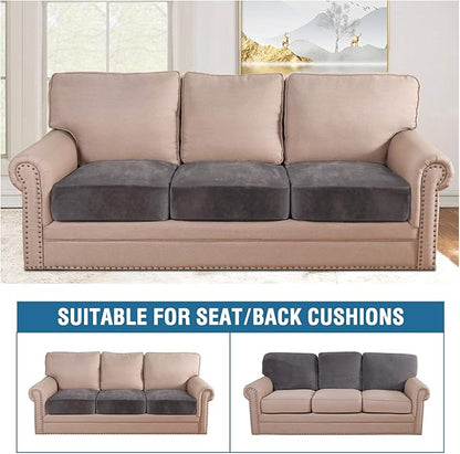 H.VERSAILTEX Velvet Stretch Couch Cushion Cover Plush Cushion Slipcover for Chair Loveseat Sofa Cushion Furniture Protector Seat Cushion Sofa Cover (3 Piece Sofa Cushion Covers, Grey)