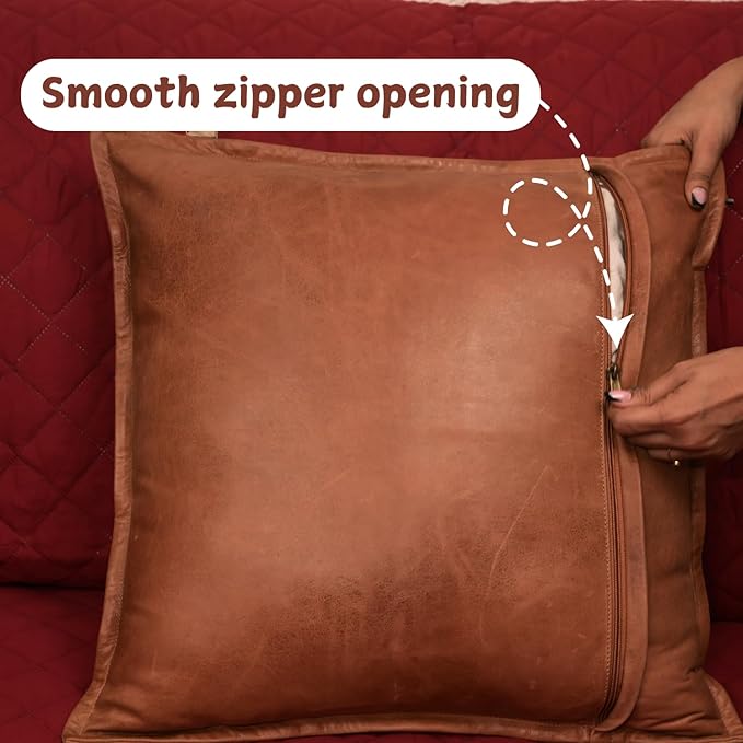 Lambskin Leather Pillow Cover - Sofa Cushion Case - Decorative Throw Covers for Living Room & Bedroom, 16x16 Inches - Antique Brown Box Pack of 1