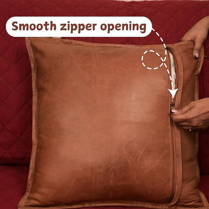Lambskin Leather Pillow Cover - Sofa Cushion Case - Decorative Throw Covers for Living Room & Bedroom, 20x20 Inches - Antique Brown Box Pack of 2