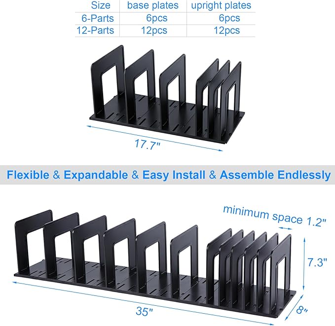 Adjustable Vertical File Sorter Sturdy Plastic Expandable Upright File Holder, Desktop Binder Organizer, School Office Organization Bookshelf Divider, Assemble Easily Endlessly, Black