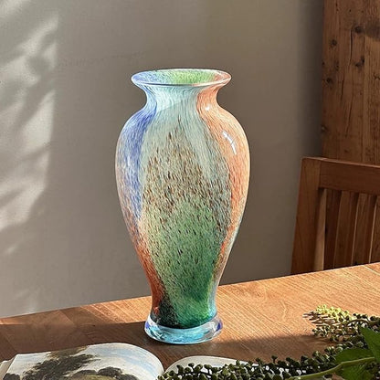 Hand Blown Glass Vase, 11.4" Tall, Murano-Style Art, Multicolor, Abstract, Oblong Shape, Perfect for Living Room, Bathroom, Wedding, Graduation, Mother's Day, Women