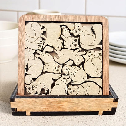 Set of 02 Cats Wooden Puzzle Coasters – Cat Lover Gift, Unique Wood Drink Coasters - Cat Puzzle Coasters - Interlocking Jigsaw Drink Mats with Laser-Cut Design