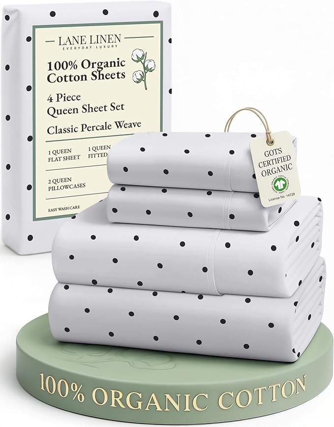 LANE LINEN Eco Friendly 100% Organic Cotton Queen Bedsheet Sets, Luxury Printed Cotton Sheets Fully Elasticized Low Pill Fade Resistant deep Pocket Queen Sheets Fits 15" Mattress- Black Polka Dot