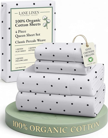 LANE LINEN Eco Friendly 100% Organic Cotton Queen Bedsheet Sets, Luxury Printed Cotton Sheets Fully Elasticized Low Pill Fade Resistant deep Pocket Queen Sheets Fits 15" Mattress- Black Polka Dot