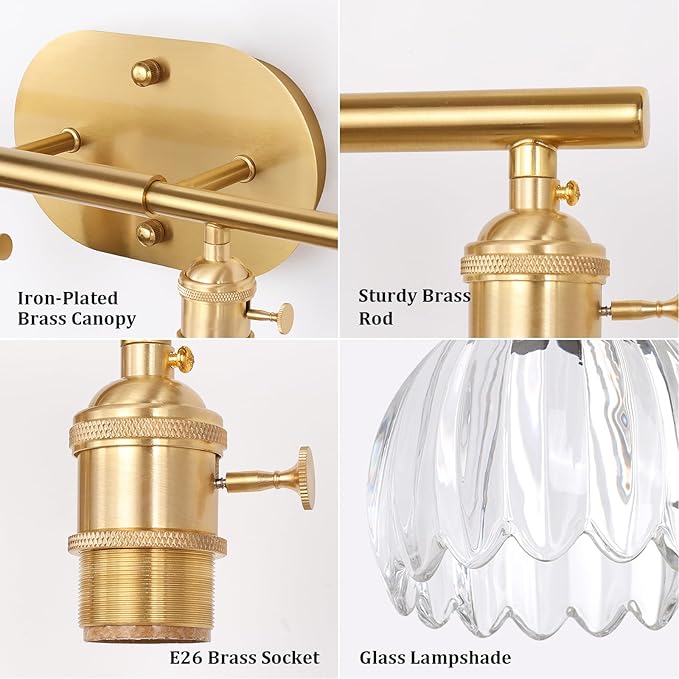 Bathroom Light Fixtures, 4-Light Brass Vanity Wall Light Over Mirror with Clear Tulip Glass Shade for Bedroom Living Room (Bulb Not Included)