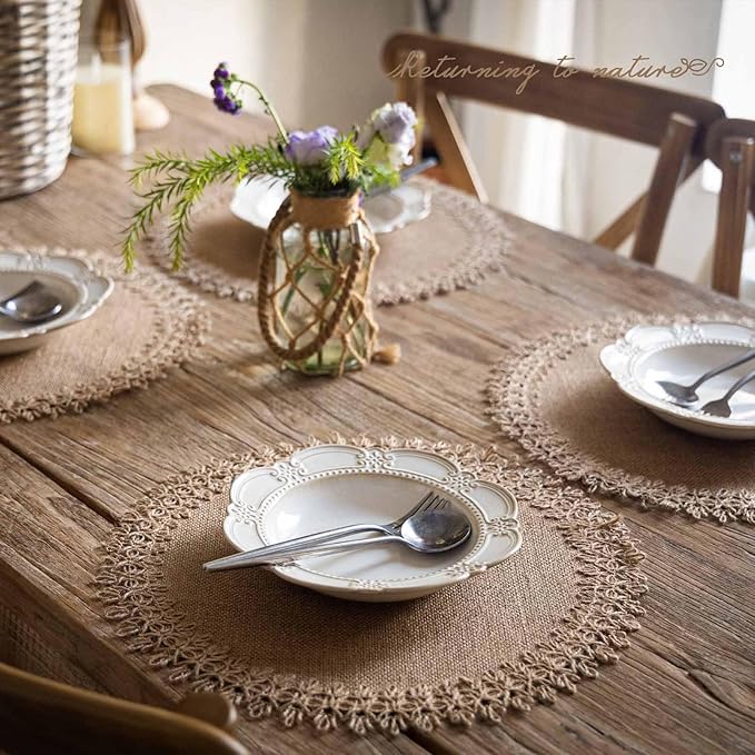 FunWheat Burlap Round Braided Placemats Set of 12 for Dining Tables 15 Inch Heat Resistant Jute Table Mats Farmhouse Woven Fabric Natural Place mats (Brown Jute Lace)