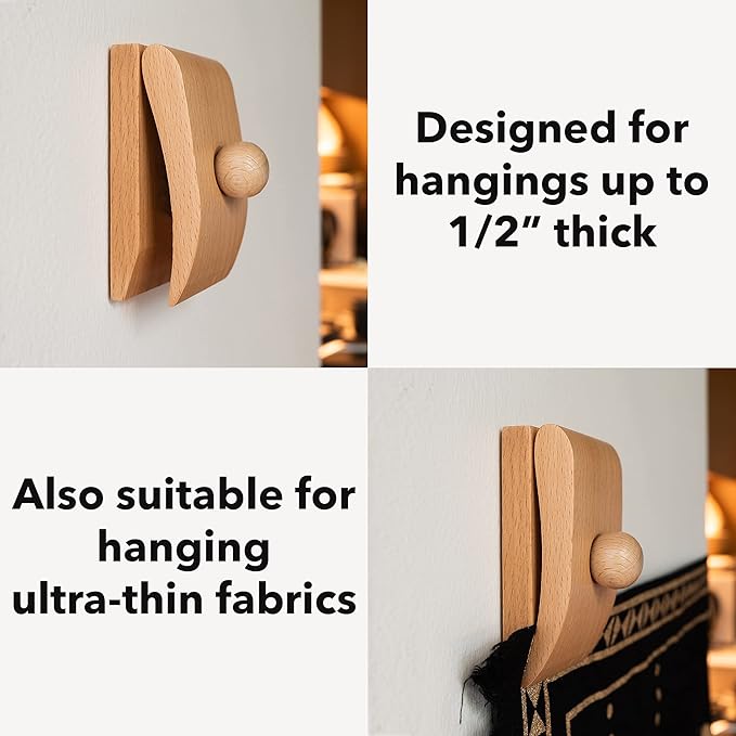 4 Large Quilt Hangers for Wall for Display, Wooden Rug Hangers for Wall Hangings, Decorate with Your Blanket and Tapestry Hangers (Light, 4 Large Clips with Hardware)