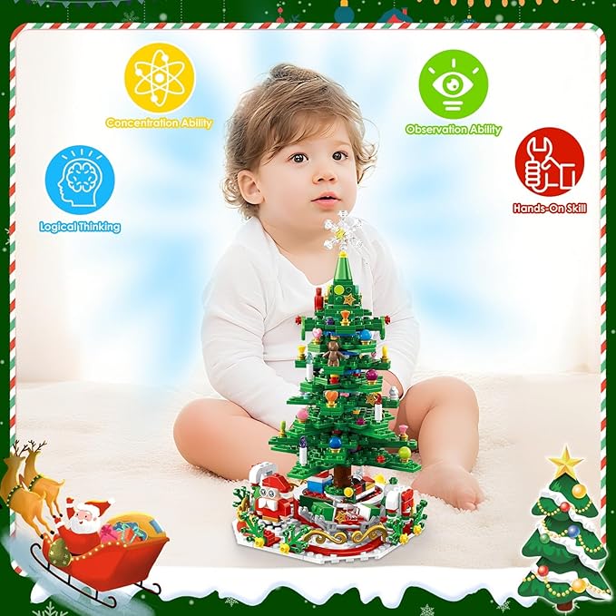 701 Pcs Christmas Tree Building Toy: 24-Day Advent Calendar, 30 LED Warm Lights (USB), Santa Ornaments & Snowflake Topper - Educational Blocks for Kids 3-6, Tabletop Decor