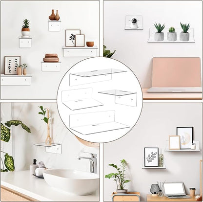 Pinkunn 6 Pack 4'' 6'' 9'' Clear Acrylic Floating Shelves for Wall Small Floating Shelf No Drilling with Adhesive or Screw Mini Wall Shelves for Storage Decoration