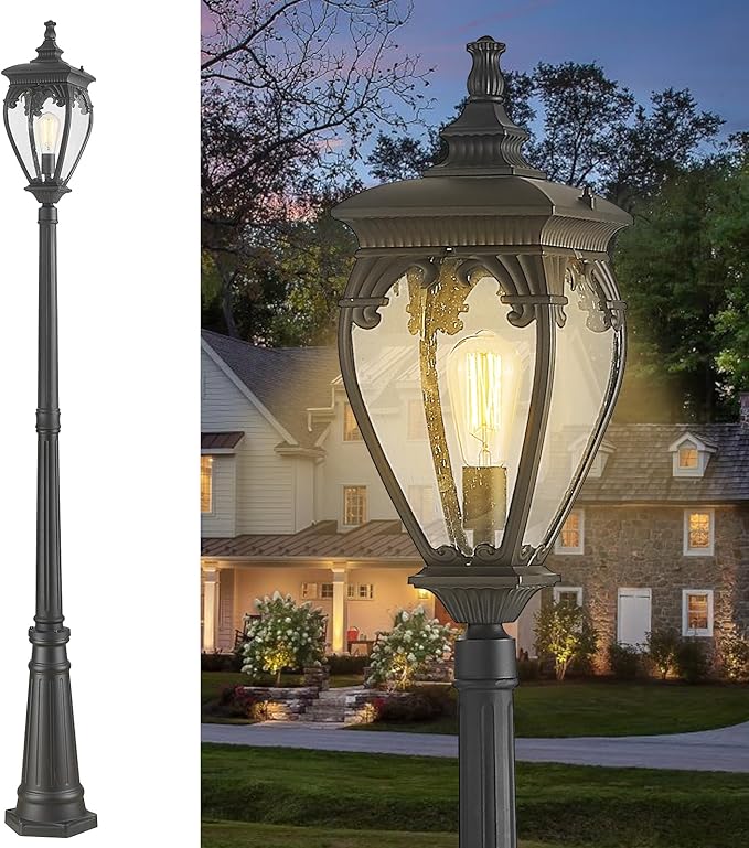 Outdoor Post Lights for Street Lamp with Glass Panels, Aluminum Waterproof Outside Lamp Post Light Fixture Outdoor Pole Lights for Yard, Backyard, Garden, Driveway