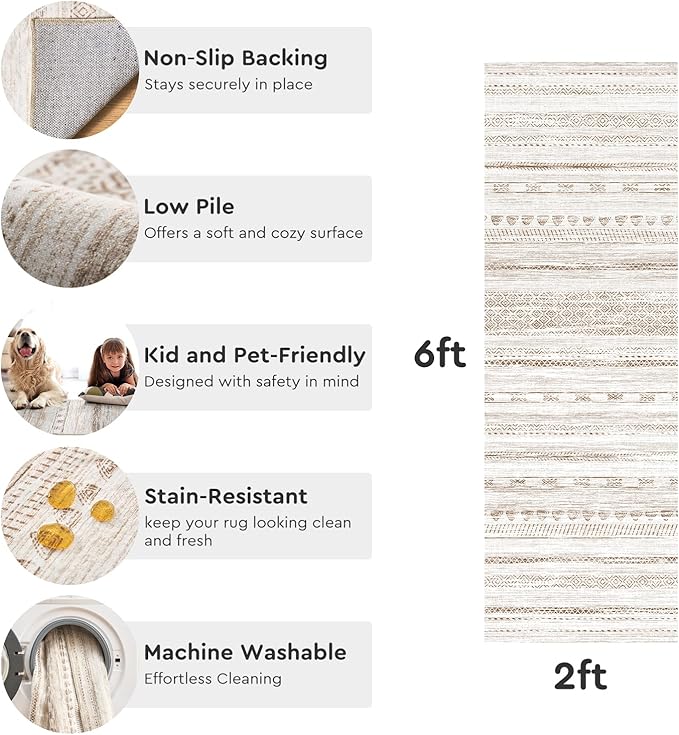 2x10 Runner Rug Machine Washable Non Slip Area Rug Distressed Neutral Moroccan Boho Rug Ultra Soft Floor Runners for Hallways for Entryway Laundry Room Kitchen, Brown