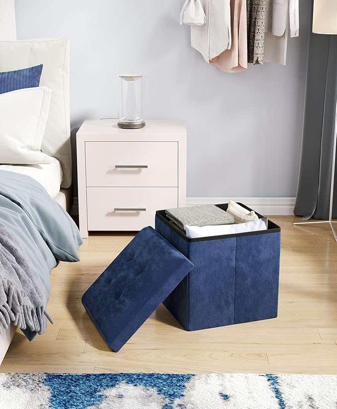 Folding Storage Ottoman Bench, Multi-Functional Ottoman Footrest, End of Bed Bench, Storage Chest for Living Room, Bedroom, Hallway, Entryway, Holds Up to 300 lbs (Navy Blue, 15 Inches)
