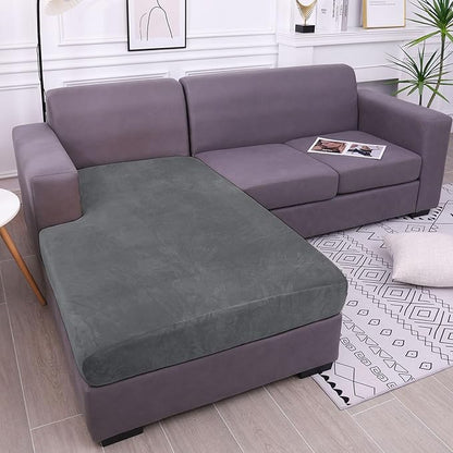 hyha Velvet Couch Cushion Covers, Stretch Chaise Lounge Sectional Couch Seat Covers L Shape for Sectional Sofa, Soft Sofa Cushion Slipcover Washable with Elastic Bottom(XL Chaise, Grey)
