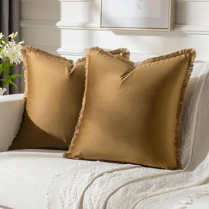 FUTEI Brown Velvet Decorative Throw Pillow Covers 18x18 Set of 2,Soft Cozy Edge with Tassels Cushion Case,Boho Modern Home Decor for Couch Bed Living Room